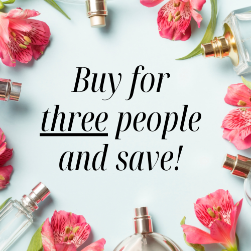 Perfume bottles and pink flowers on a light blue background with text 'Buy for three people and save!'.